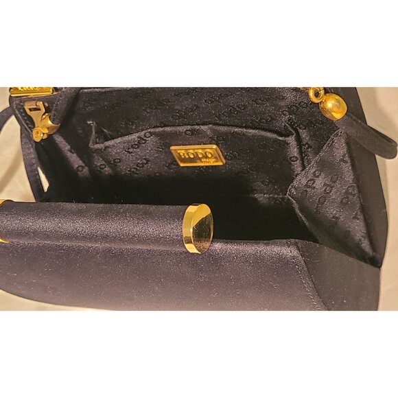 VINTAGE RODO Italy Black Satin Evening Clutch Rhinestone Crystal Clasp Minaudier - Picture 5 of 16